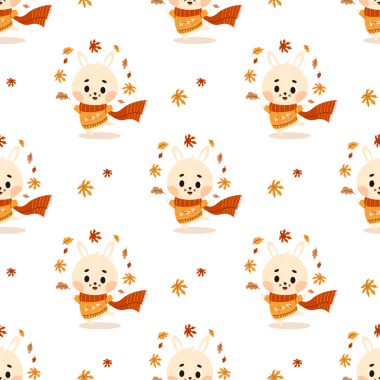 Sevimli Mutlu Sonbahar Tavşanı Sonbahar Yaprakları ile kusursuz desen