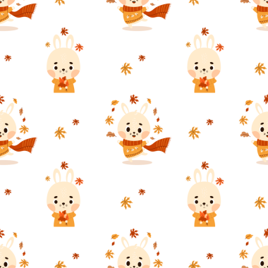 Sevimli Mutlu Sonbahar Tavşanı Sonbahar Yaprakları ile kusursuz desen