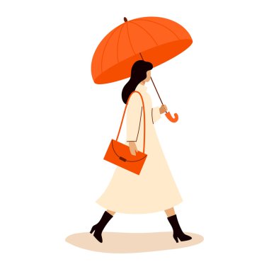 Beyaz pelerinli zarif bir kadın ve kırmızı şemsiyeli çizmeler. Mevsimlik kadın karakteri. Sonbahar zamanı. Minimalist düz stil. Vektör çizimi. Yapay zeka değil