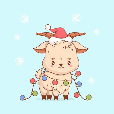 Noel Şapkalı Şirin Noel Keçisi ve Şenlikli Çelenk Balonları. Sevimli Yeni Yıl Çiftlik Hayvanları. Komik çizgi film karakteri Kawaii. Vektör çizimi. Çocuk koleksiyonu. Yapay zeka değil