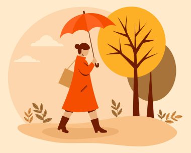 Sonbahar kadını elinde şemsiyeyle sonbahar parkında yürüyor. Renkli ağaçlarla dolu sonbahar manzarası. Vektör çizimi. Yapay zeka değil