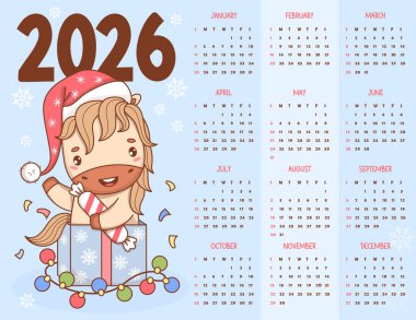 2026 yıllık takvim. Noel Baba şapkalı şirin Noel Atı ve Şeker, Hediye Kutusunda Garland. Yeni Yıl Vektör Şablonu 12 aylık İngilizce. Hafta pazar günü başlıyor. Doğu takviminde Sembol Yılı