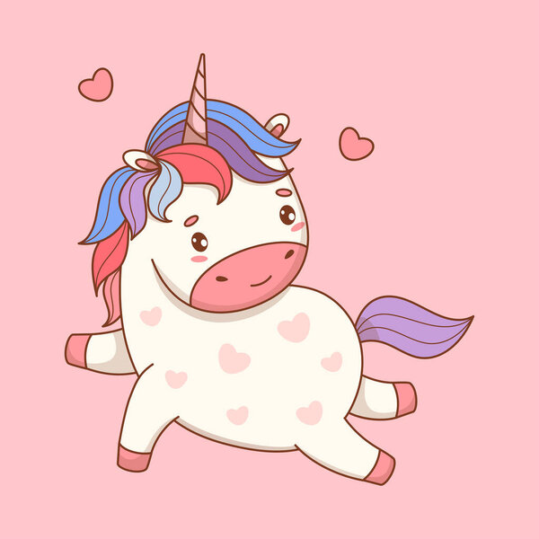 Симпатичный Романтический Единорог с Сердцами. Смешной игривый мультфильм Маленькая лошадь Kawaii животное на розовый. Векторная иллюстрация. Детская коллекция. Не AI