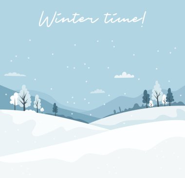 Winter Mountain Snow manzara posteri. Beyaz Ağaçlı ve Tepeli Mevsimsel Doğa. Minimum düz kış arkaplan kare pankartı. Vektör çizimi. Yapay zeka değil