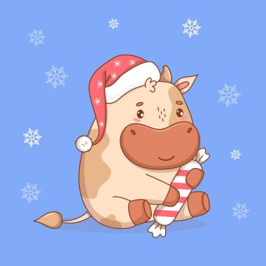 Çizgili şekerli Noel Baba şapkalı şirin küçük inek. Mavi arka planda Yeni Yıl Karikatürü Kawaii Hayvanı ve Kar Taneleri. Vektör çizimi. Çocuk koleksiyonu. Yapay zeka değil 