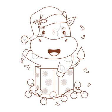 Noel Baba şapkalı Mutlu Noeller küçük ineği yeni yıl hediyesi kutusunda çelenkle birlikte. Tatil Komik Karikatür Kawaii Hayvanı. Çizgi çizimi, boyama kitabı. Vektör çizimi. Çocuk koleksiyonu. Yapay zeka değil