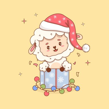 Noel Baba Şapkalı Şirin Noel Koyunu, içinde balonlu çelenk olan bir hediye kutusu. Mutlu Yıllar Çiftlik Hayvanı. Komik çizgi film karakteri Kawaii. Vektör çizimi. Çocuk koleksiyonu. Yapay zeka değil