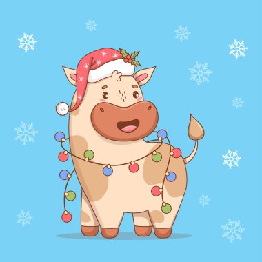 Noel Baba şapkalı şirin Noel İneği ve yeni yıl çelengi. Komik Karikatür Kawaii Küçük Hayvan. Vektör çizimi. Çocuk koleksiyonu. Yapay zeka değil