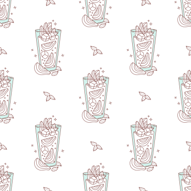 Özet olarak, Guava İçkisi Kokteyli, tropik meyve dilimleri, buz küpleri ve nane yapraklarıyla kusursuz desen.