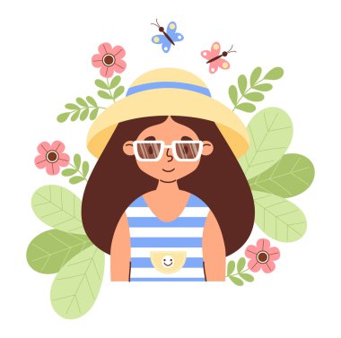 Güneş Şapkalı Şirin Yaz Kızı ve Çiçekli, Yapraklı ve Kelebekli Güneş Gözlüğü. Sezonluk Kadın Portresi Karakteri. Vektör çizimi. Poster, afiş, kart ve tasarım için mükemmel. Çocuk koleksiyonu. Yapay zeka değil