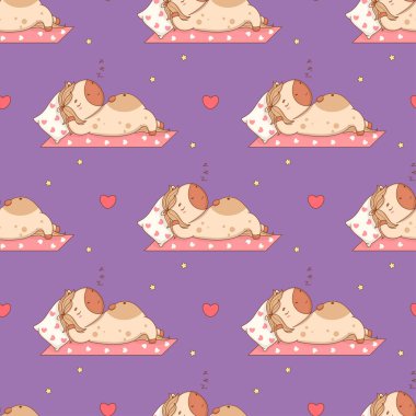 Mor arka planda Şirin Uykucu At deseni var. Komik tapılası çizgi film Dinlenen Hayvan Midilli Kawaii karakteri. Vektör çizimi. Çocuk koleksiyonu. Yapay zeka değil