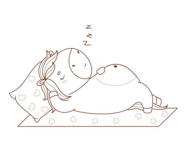 Halı ve Yastık Üzerine Sevimli Uyuyan Çizgi Roman Atı. Sevimli Pony Kawaii Hayvanı. Tatlı Rüya. Çizgi çizimi, boyama kitabı. Vektör çizimi. Çocuk koleksiyonu. Yapay zeka değil