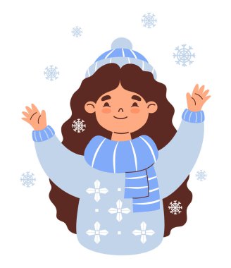 Mavi kazaklı tatlı Kış Kızı Kar Taneleriyle oynuyor. Mevsimlik kadın portresi. Uzun saçlı, açık tenli esmer. Vektör düz çizim. Poster, afiş, kart ve tasarım için mükemmel. Yapay zeka değil