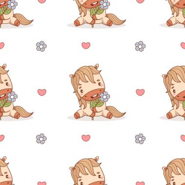 Kusursuz desenli Çiçekli Şirin Küçük At. Tatil çizgi filmi Hayvan Midillisi