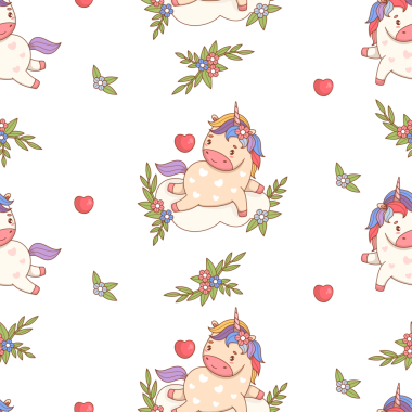 Kusursuz desen. Çiçeklerle Bulut 'ta Şirin Tekboynuz. Komik Çizgi Film Küçük At Hayvanı