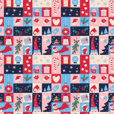 Kusursuz bir Noel modeli. Yeni yıl süsü Geometrik parlak fayanslar ve bayram sembolü. Şirin Kardan Adam, Noel Baba, Şeker Çubuğu, Noel Ağacı, Top, Sıcak Kakao ve Ayakkabı. Vektör illüstrasyonu Yapay zeka değil