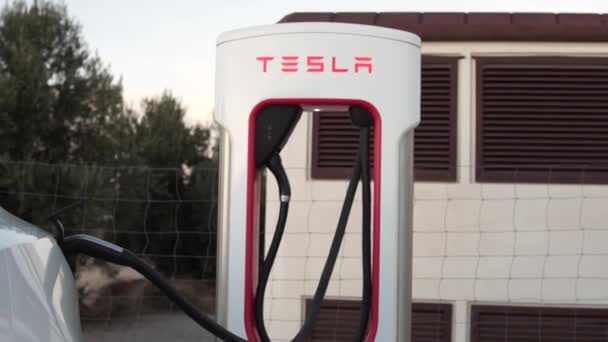 Venta Del Peral Spain December 2022 Close Tesla Supercharger Station — Stock Video