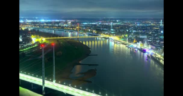 Dusseldorf Germany Night Timelapse City Skyline Rhine River Duesseldorf Light — Stockvideo