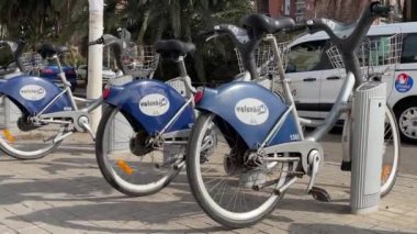 February 15th 2023, Valencia, Spain. Valenbisi renting bicycles parked at the street