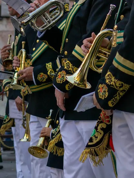 8 Nisan 2023 - Dona Mencia, Cordoba, İspanya. Kutsal bir hafta töreninde Virgen de la Soledad 'a trampet ve borazan çalan tanınmamış trompetçilerin elleri enstrüman çalmayı bekliyor. Dikey