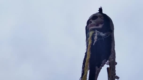 万圣节的时候 在阴沉沉的天空下的骷髅 忧郁的视频 骷髅在风中飘荡 派对邀请函之间的快乐之旅 文本的复制空间 — 图库视频影像