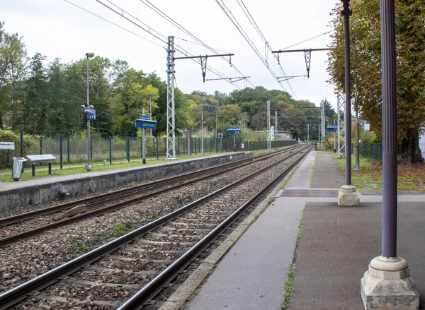 Paris Banliyölerindeki Istasyonda Demiryolu Trenleri Gezileri Yoldaki Yolcular — Stok fotoğraf