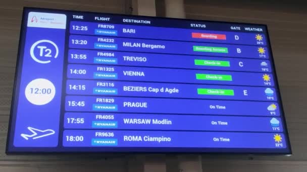 机场离港 机场标签显示延迟和取消航班 客运航班取消 航空旅行禁令 机场关闭 紧急事故 — 图库视频影像