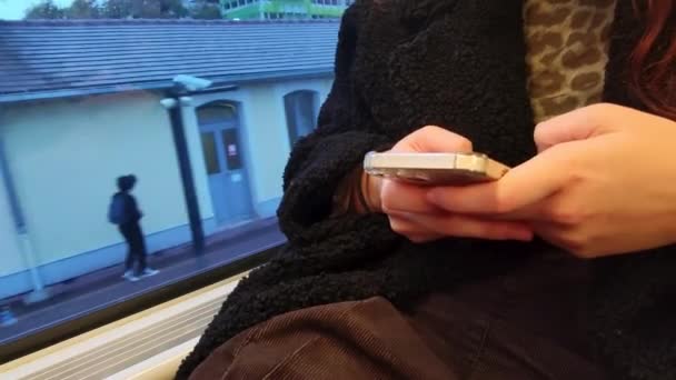 Mãos Uma Jovem Mulher Close Uma Mulher Trem Metrô Paris — Vídeo de Stock