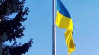Ukraine Flag Flowing in the Wind. Ukrainian National Official Flag on Flagpole Waving in the Wind on Picturesque sky Background.