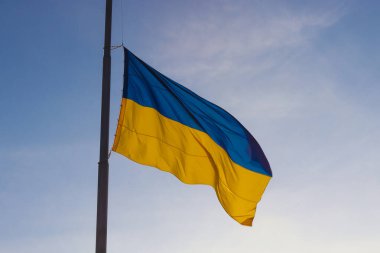 Ukrainian National Flag. Ukrainian National Official Flag on Sky Background.