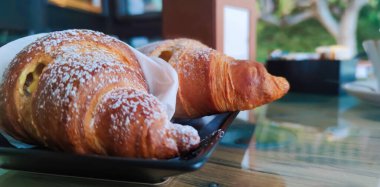 Morning Breakfast With Coffee and Croissants. Breakfast, Croissant on the Table.