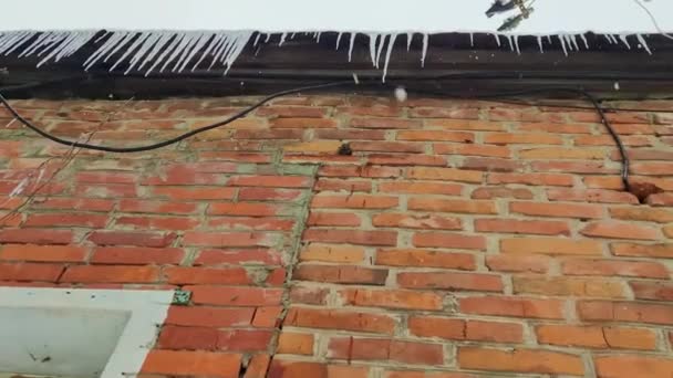 ウクライナの冬の日に家の屋根からつららがハングします 冬のつららの列が空に対する建物の屋根の縁からぶら下がっています 氷を溶かす春が来る — ストック動画