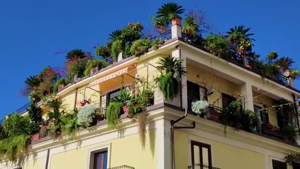 Балконы Зелеными Насаждениями Красивый Вид Тропический Пейзаж Солнечный День Италии — стоковое видео