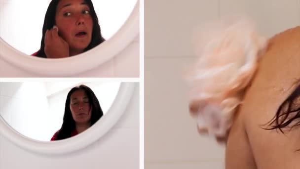 Wideo Kolaż Kobieta Rano Demakijaż Oczy Piękna Czesanie Włosów Prysznic — Wideo stockowe