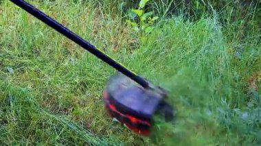 Güneşli bir yaz gününde elektrikli çim biçme makinesi ve çim biçme makinesi olan bir adam. Ülkede Çim Biçme.