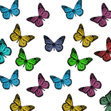 Kusursuz Arkaplan, Dekoratif Kağıt için Renkli Kelebekler. Böceklerin soyut çizimi.
