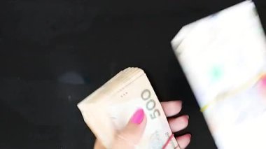 Para sayma. Karanlık bir arkaplanda Hryvnia Banknotları Kadın Elleri Kontu. Bankacılık ve Finans. İş hayatı tarzı. Mali İşler Konsepti. Yakın plan..