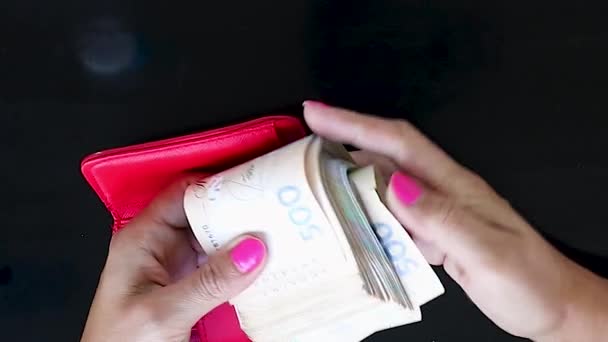 Stoppen Geld Onze Rode Portemonnee Het Concept Van Financieel Werk — Stockvideo