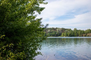 Yaz manzarası, Mermer Kanyon, Ukrayna. Zümrüt bir göl ve Kuzey Ukrayna 'nın Zhytomyr kentindeki kozalaklı bir yaz ormanının ortasındaki kayalıkların manzarası. Zhytomyr Kanyonu.