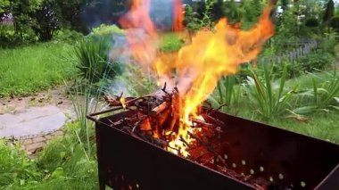 Ateşle ızgara. Izgara Et için Kızarmış Kömür Ateşi hazırlayın. Yemek pişirirken ızgarada ateş yakmak. Daha Brezilya 'da Ateş Alevleri.