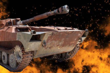 Savaş meydanında, Tank yanıyordu. Savaşın Yıkım.