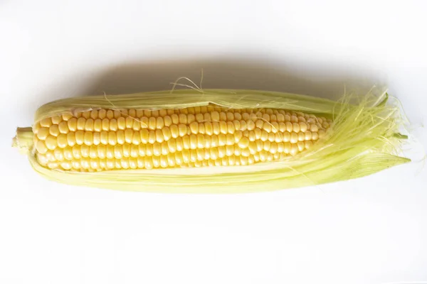 Fresh Corn Cob Oreilles Maïs Avec Feuilles Sur Fond Blanc — Photo
