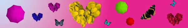 Colorful pink banner with butterflies, hearts and umbrellas. A juicy banner for a header on YouTube, on the website.