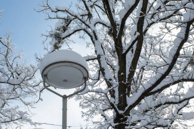 Bir kar yağışı sonrası fener karla kaplıdır. Münih 'te kış havası, artan yağış ve kar seviyesi kavramı.
