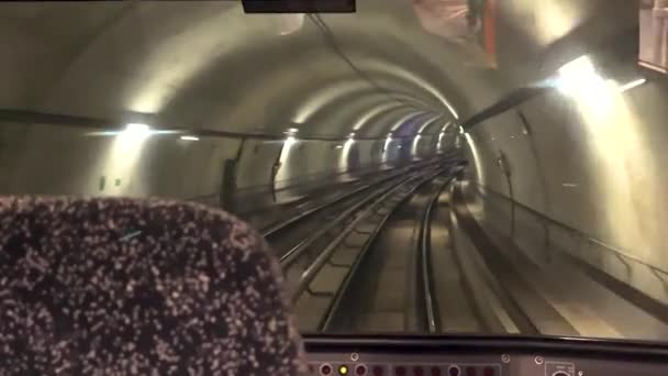 View Last Cab Driverless Subway Train Traveling Subway Tunnel Automated — Stock Video