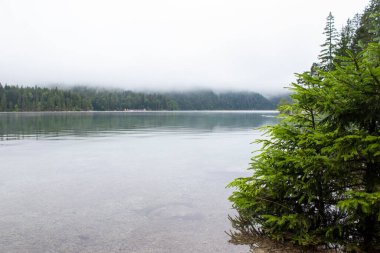 Eibsee Gölü ve Zugspitze Dağı, Bavyera Alpleri, Almanya, Avrupa. Kendini Hintersee Gölü 'nün dingin güzelliğine bırak. Görkemli Alpler ve sık ormanlarla çevrili..