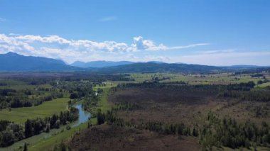 Drone, güneşli bir yaz gününde güzel Alpler 'in insansız hava aracı manzarası. Kozalaklı ormanlar, resimli yerlere gitmek için dağlara uçmak..