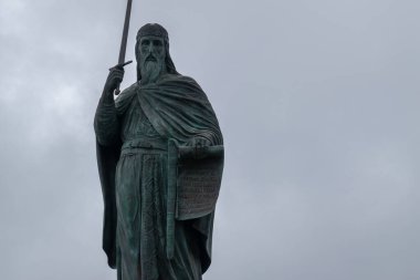 King Stefan Nemanja statue in front of old railway station in Belgrade, capital city of Serbia