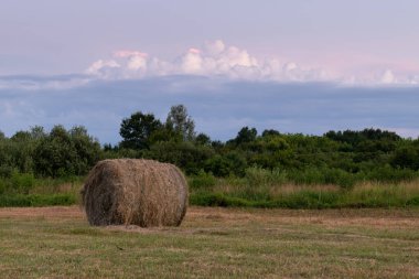Alacakaranlıkta saman balyası, düz arazide tek yuvarlak saman balyası ve alacakaranlıkta güneşli bulut zirvesi, sakin kırsal alan