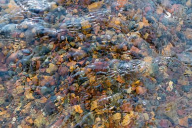 Altında çarpık çakıl taşı olan temiz, sığ dalgalı su, soyut manzara